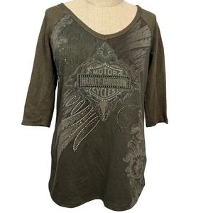 Harley Davidson Women XL Rhinestone Top Olive Green Sheer Knit Back Biker Grunge